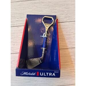 New in box Michelob‎ Ultra golf club bottle opener. Silver & blue. Approx 6.5”